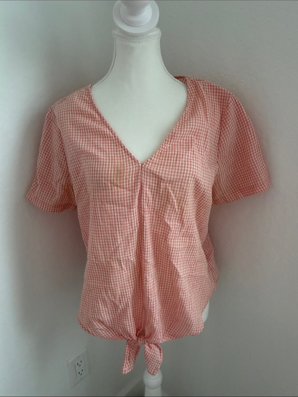 Madewell Coral Gingham V-Neck Tie-Hem Blouse NWOT